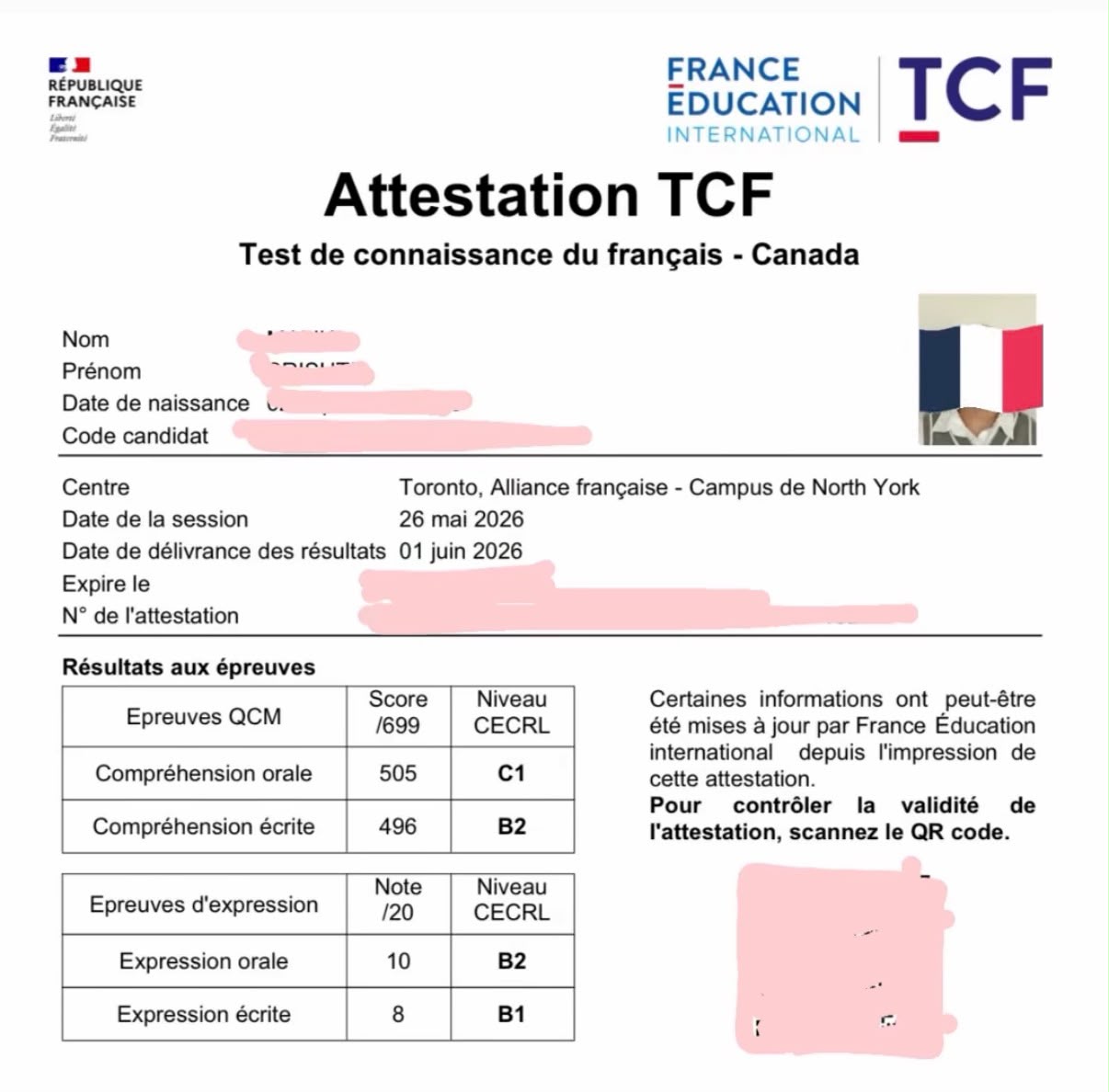 Anonymised TCF Canada result certificate