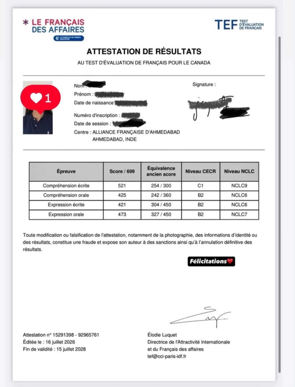 Anonymised TEF Canada result certificate